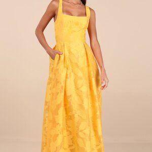 Lulus Perfected Aura Yellow Jacquard Tie-back Maxi Dress With Pockets - Size S